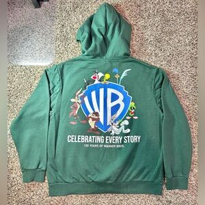 Looney Tunes Warner Bros 100 Years Hoodie Full Zip Sweatshirt Size Large Green